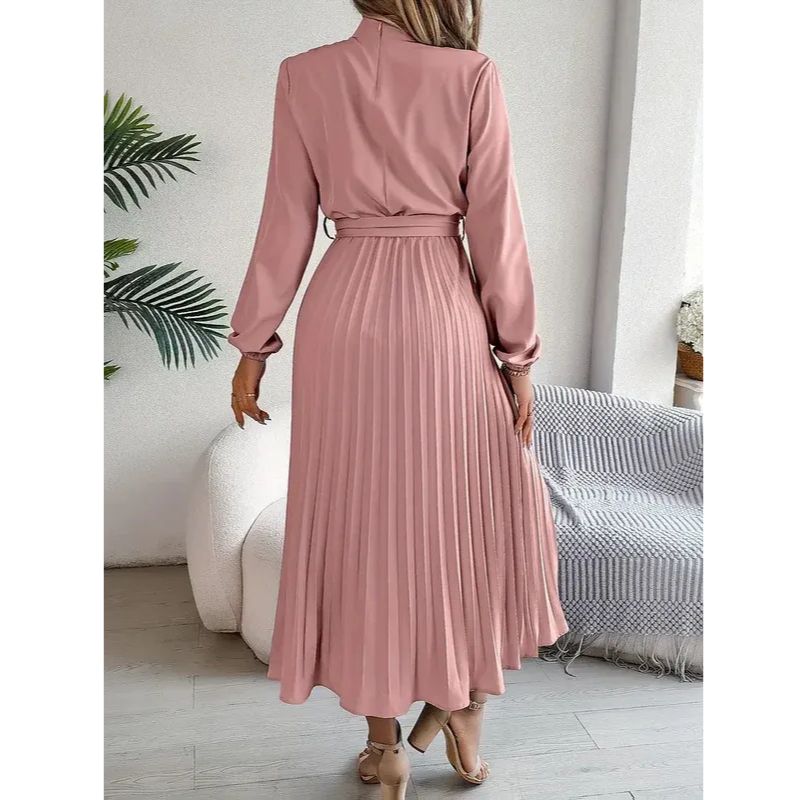 Long Sleeve Pleated Dress with Removable Belt and Hidden Zipper, Lightweight Polyester
