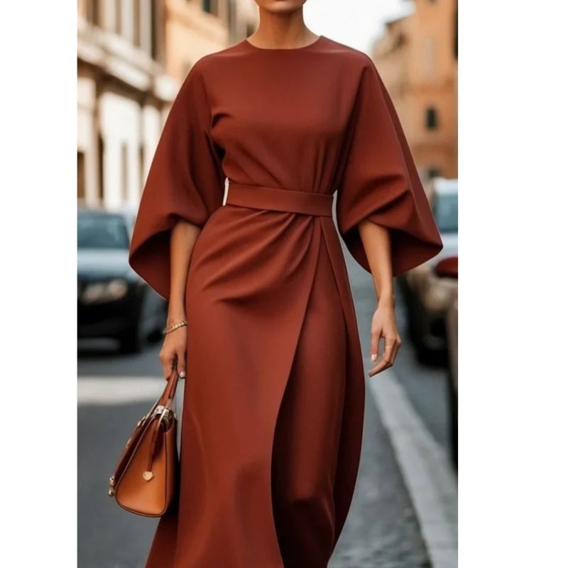 Lantern Sleeve Dress with Adjustable Waist Tie and Flowing Silhouette, Lightweight Fabric