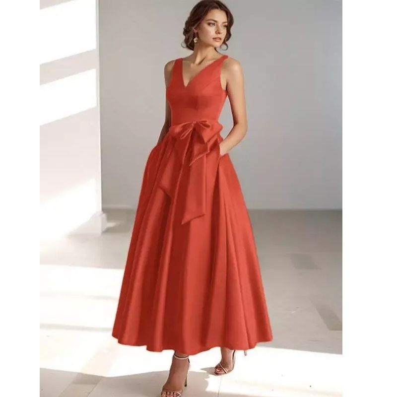 Womens A-Line Midi Dress with V-Neckline and Structured Bow Waist
