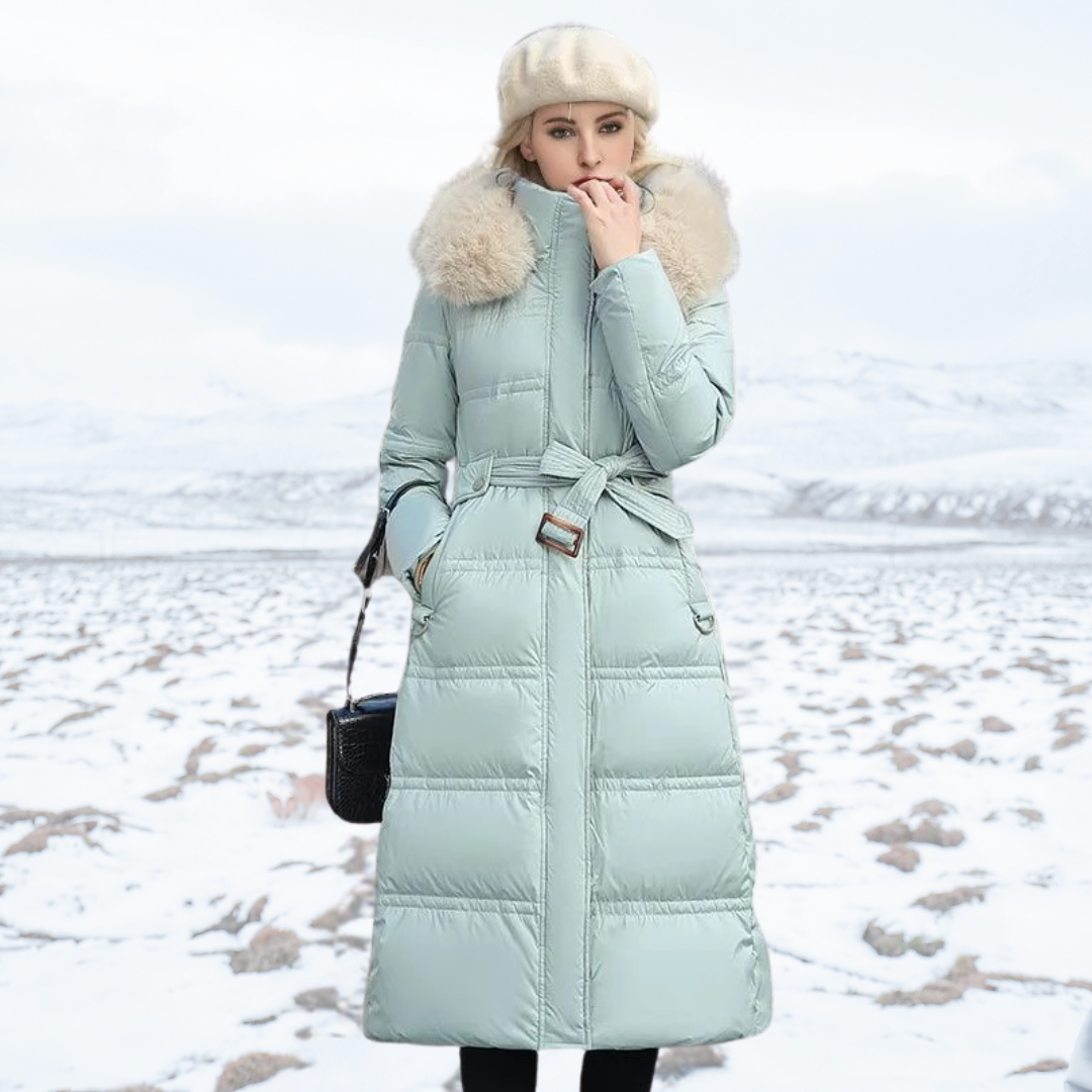 Womens Long Puffer Coat with High Collar and Quilted Fill, Full-Length Zipper