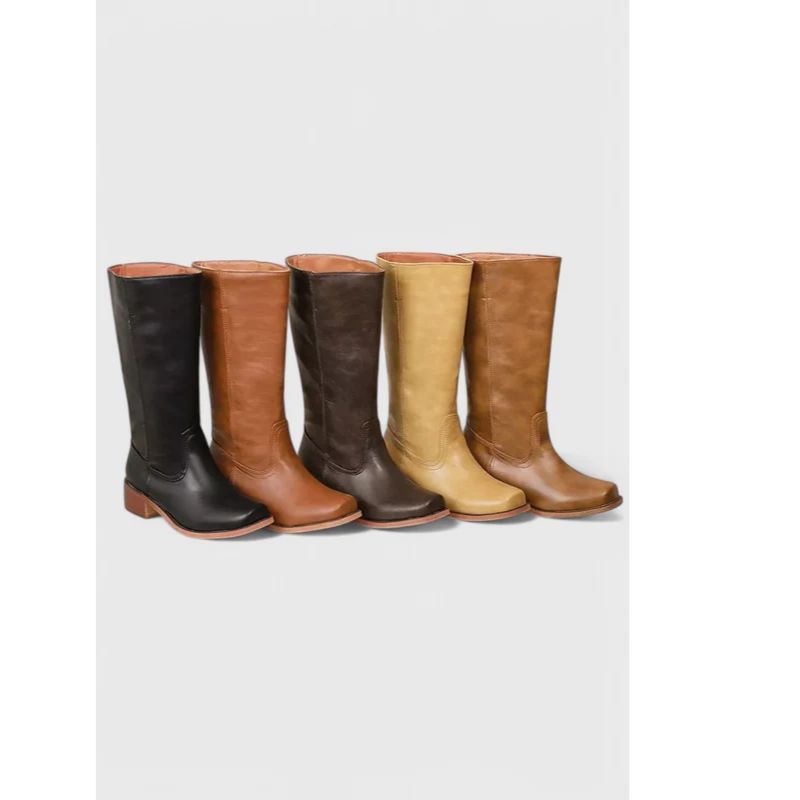 Womens Knee-High Leather Boots with Cushioned Insole and Stacked Heel, Pull-On Fit