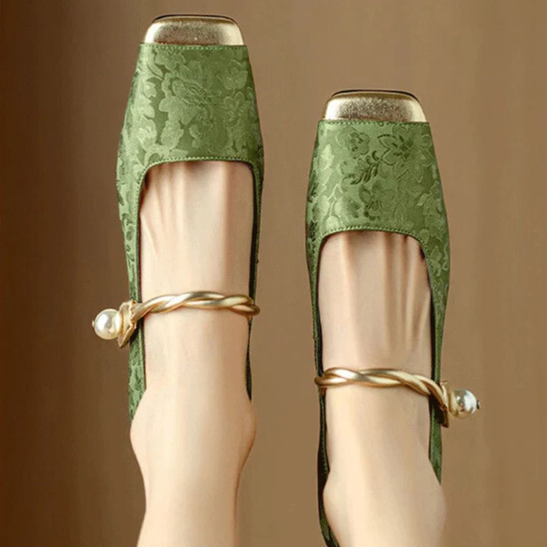 Womens Gold Heels with Pearl Twist Strap and Padded Insole, Square Toe Floral