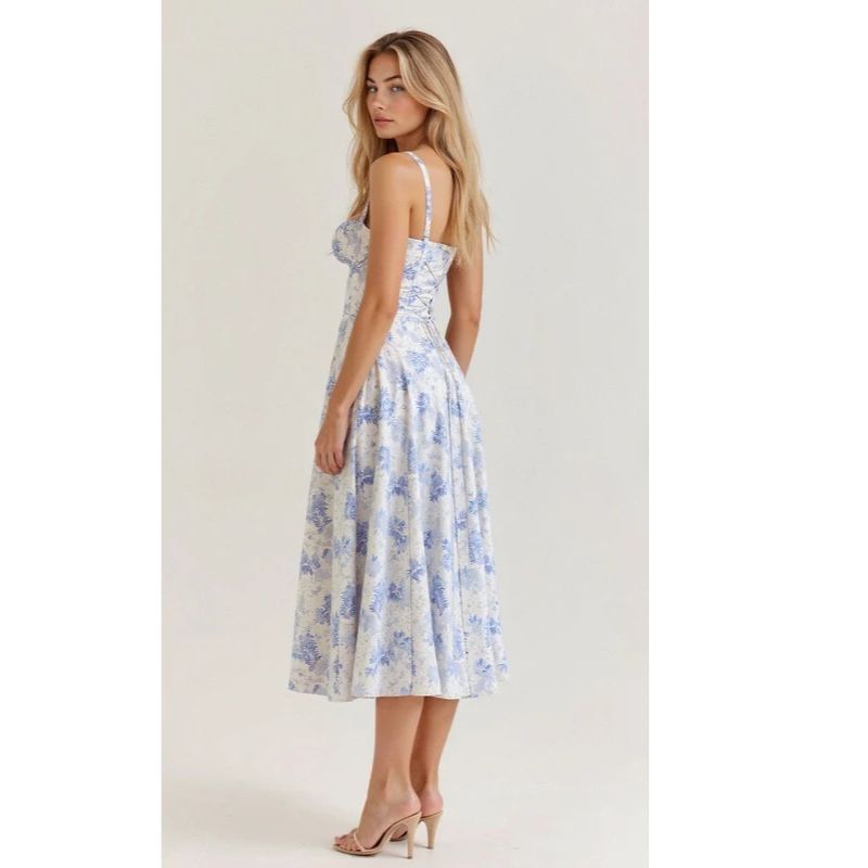Corset Midi Dress with Structured Bodice and Flowing Flared Skirt, Stretch Lined