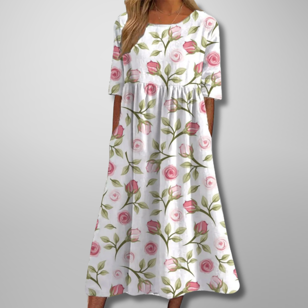 Floral Midi Dress with Relaxed Silhouette and Lightweight Woven Blend, Machine Washable