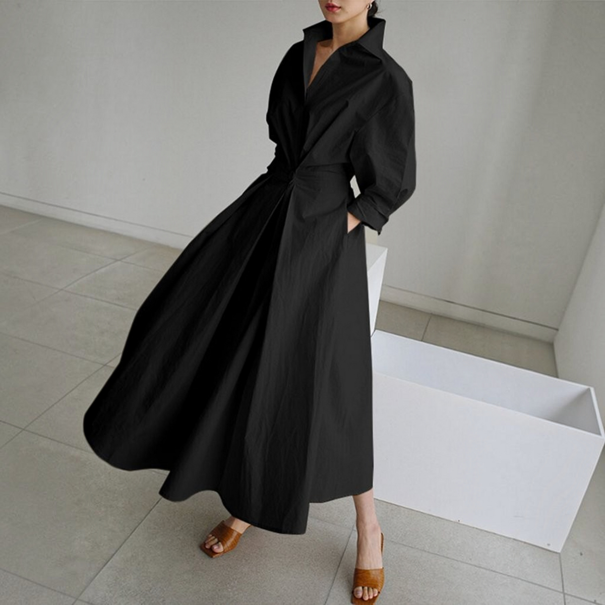Womens Shirt Dress with Button Front and Adjustable Belt, Tailored Waist