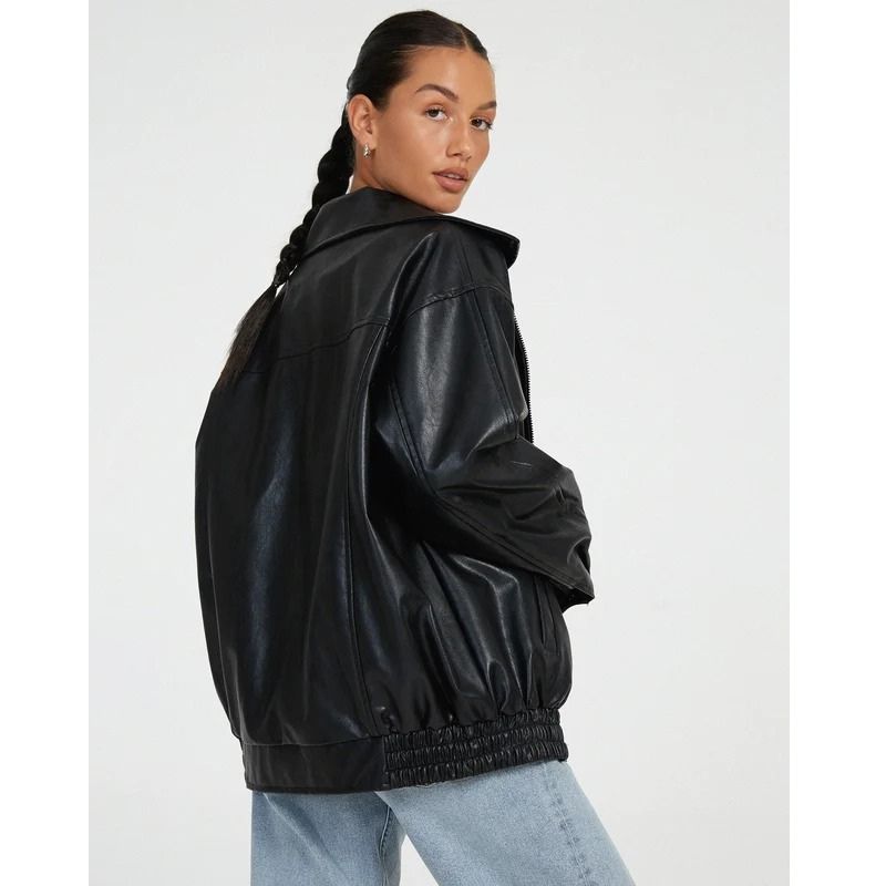 Oversized Leather Bomber Jacket with Boxy Dropped Shoulders and Elastic Hem for Women