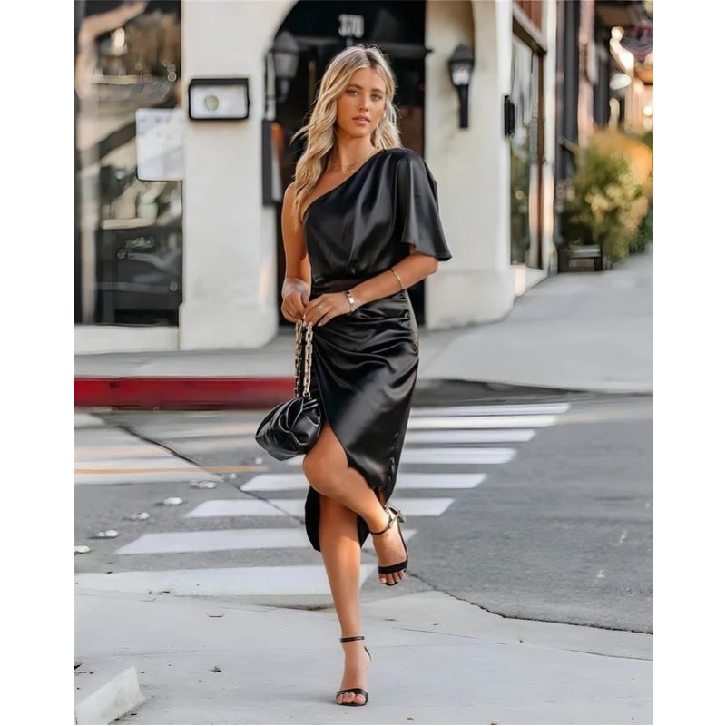 One Shoulder Midi Dress with Ruched Detailing and Side Zipper, Stretch Knit