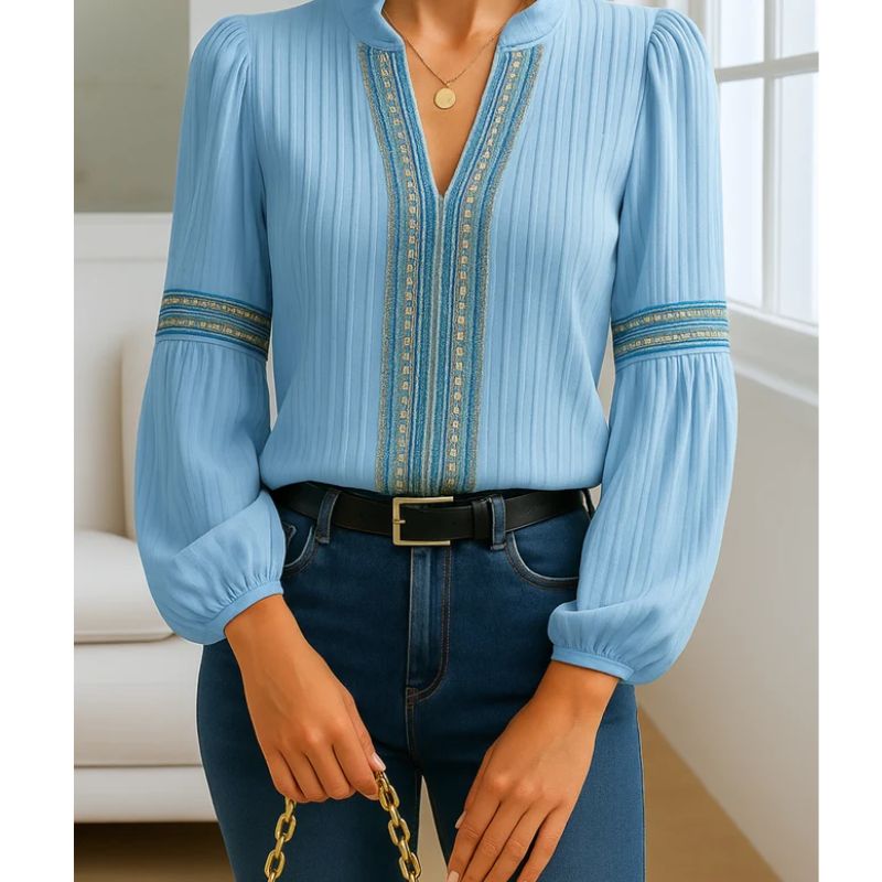 Womens Cotton Blend V-Neck Blouse with Pleated Shoulders and Relaxed Fit