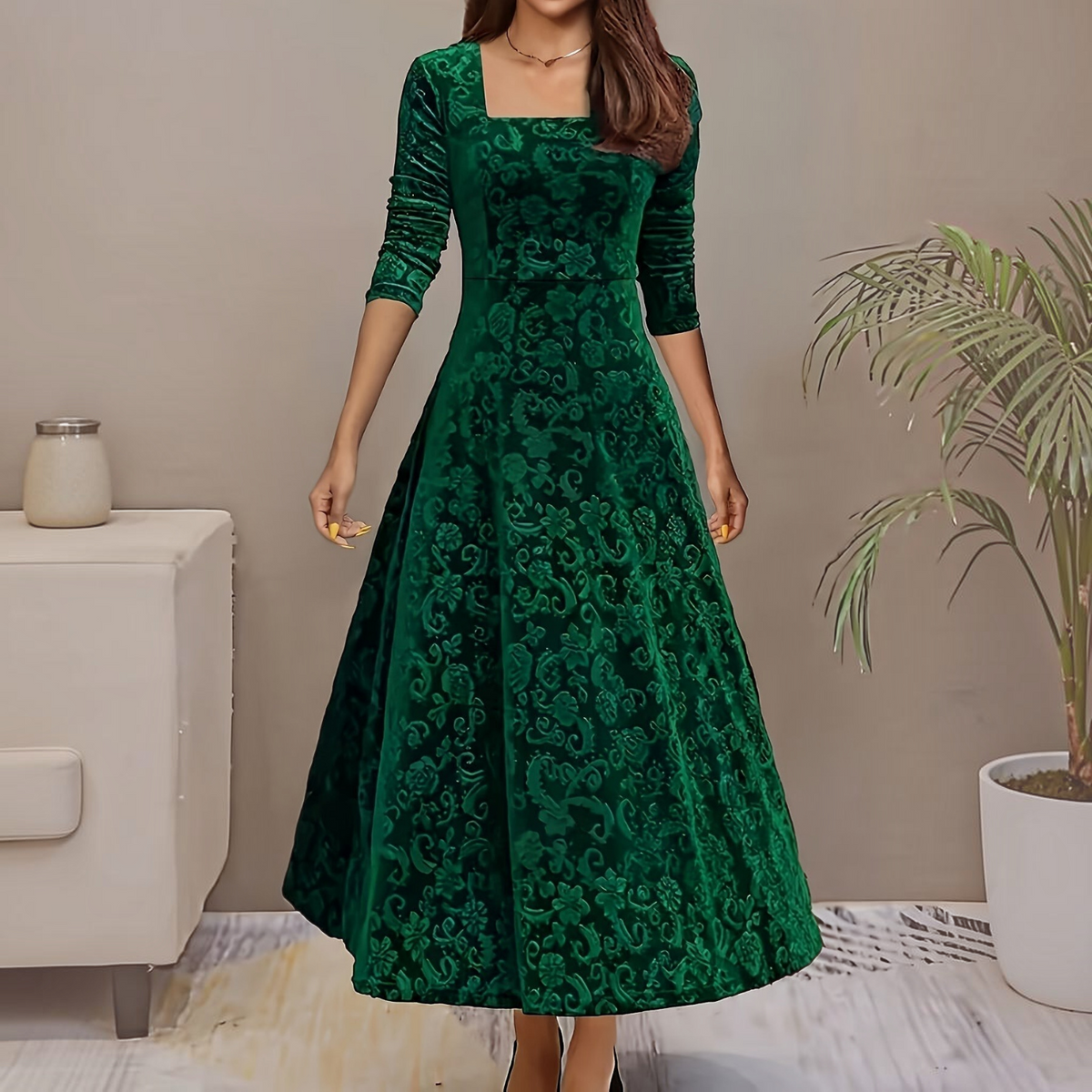 Velvet Midi Dress with Floral Embroidery and Three-Quarter Sleeves, Back Zipper