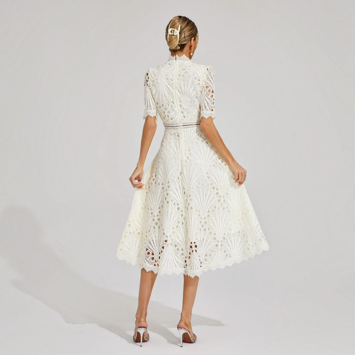 Lace Midi Dress with Scoop Neck and Lightweight Lining, Back Zipper