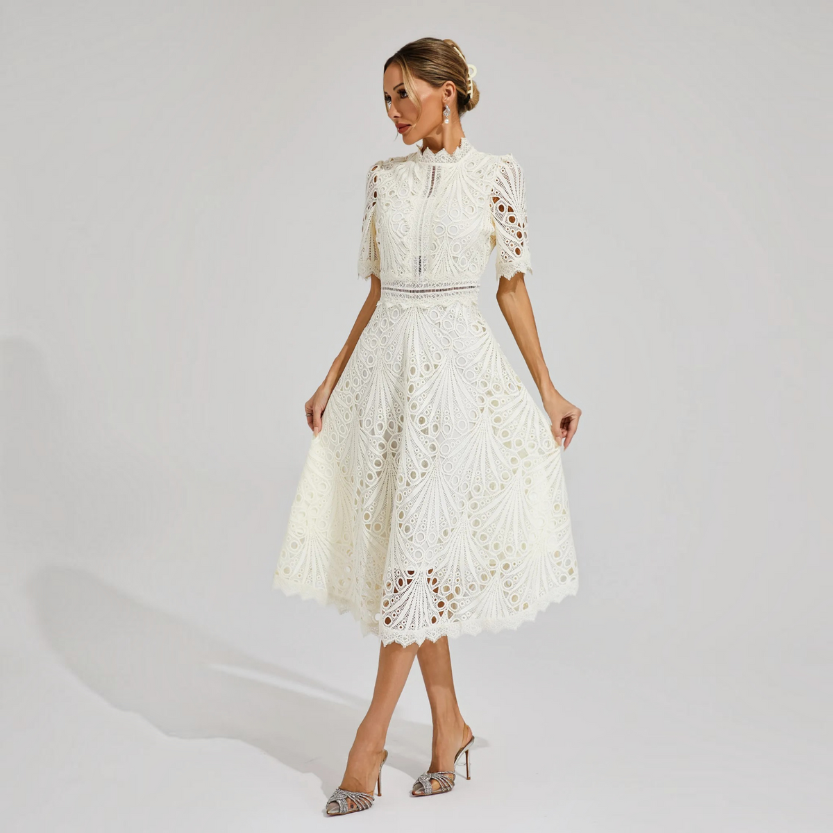 Lace Midi Dress with Scoop Neck and Lightweight Lining, Back Zipper