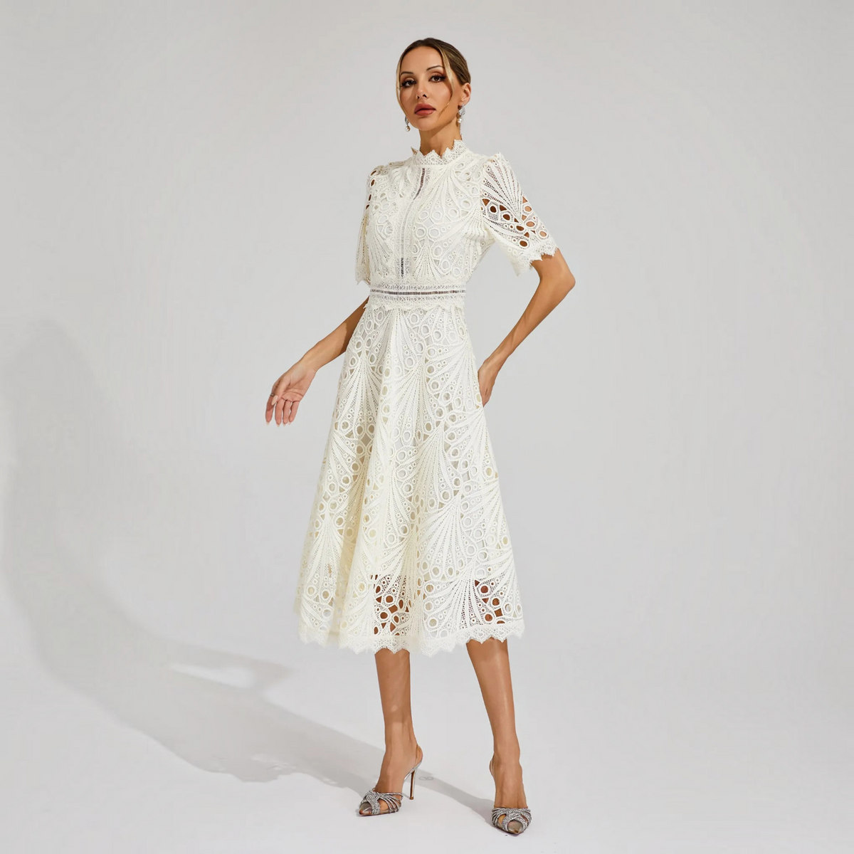 Lace Midi Dress with Scoop Neck and Lightweight Lining, Back Zipper