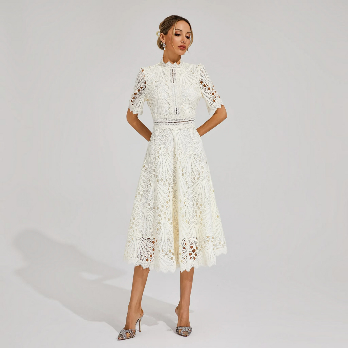 Lace Midi Dress with Scoop Neck and Lightweight Lining, Back Zipper