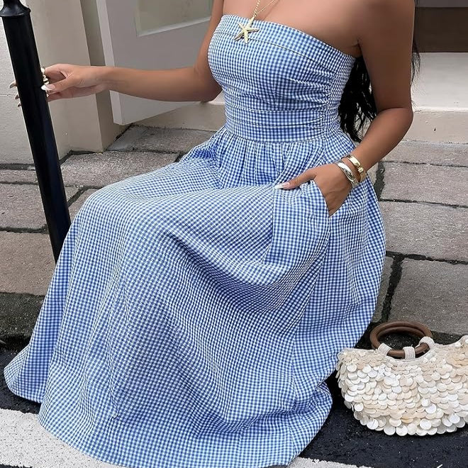 Strapless Fit and Flare Maxi with Elastic Smocked Waist and Side Pockets - Vertical Striped
