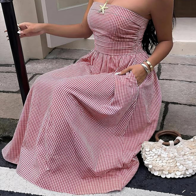 Strapless Fit and Flare Maxi with Elastic Smocked Waist and Side Pockets - Vertical Striped