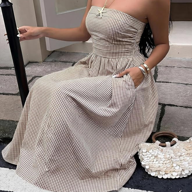 Strapless Fit and Flare Maxi with Elastic Smocked Waist and Side Pockets - Vertical Striped