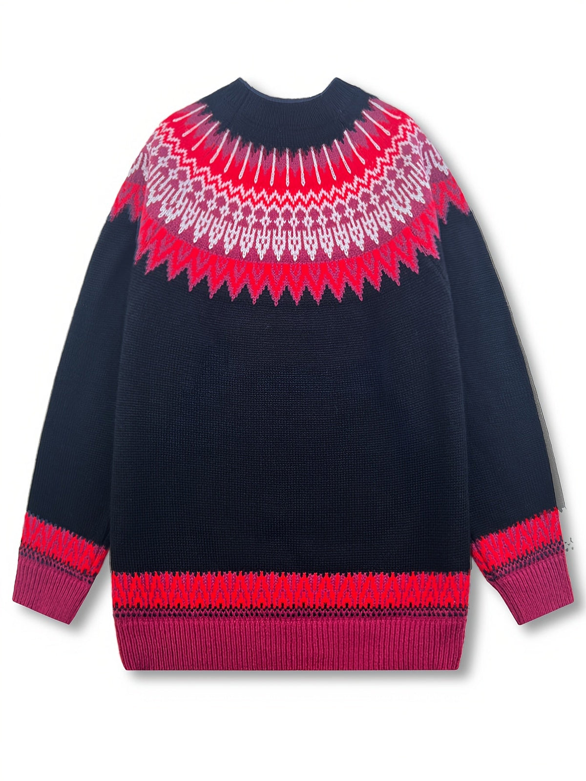 Chunky Jacquard Knit Sweater with Round Neck and Relaxed Fit