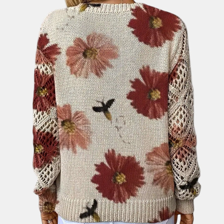 Floral Knit Sweater with V-Neckline and Open Sleeves for Women - Ribbed Hem