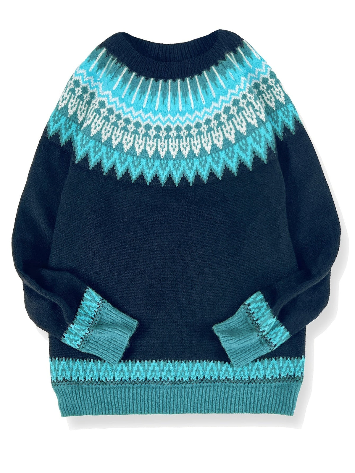 Chunky Jacquard Knit Sweater with Round Neck and Relaxed Fit