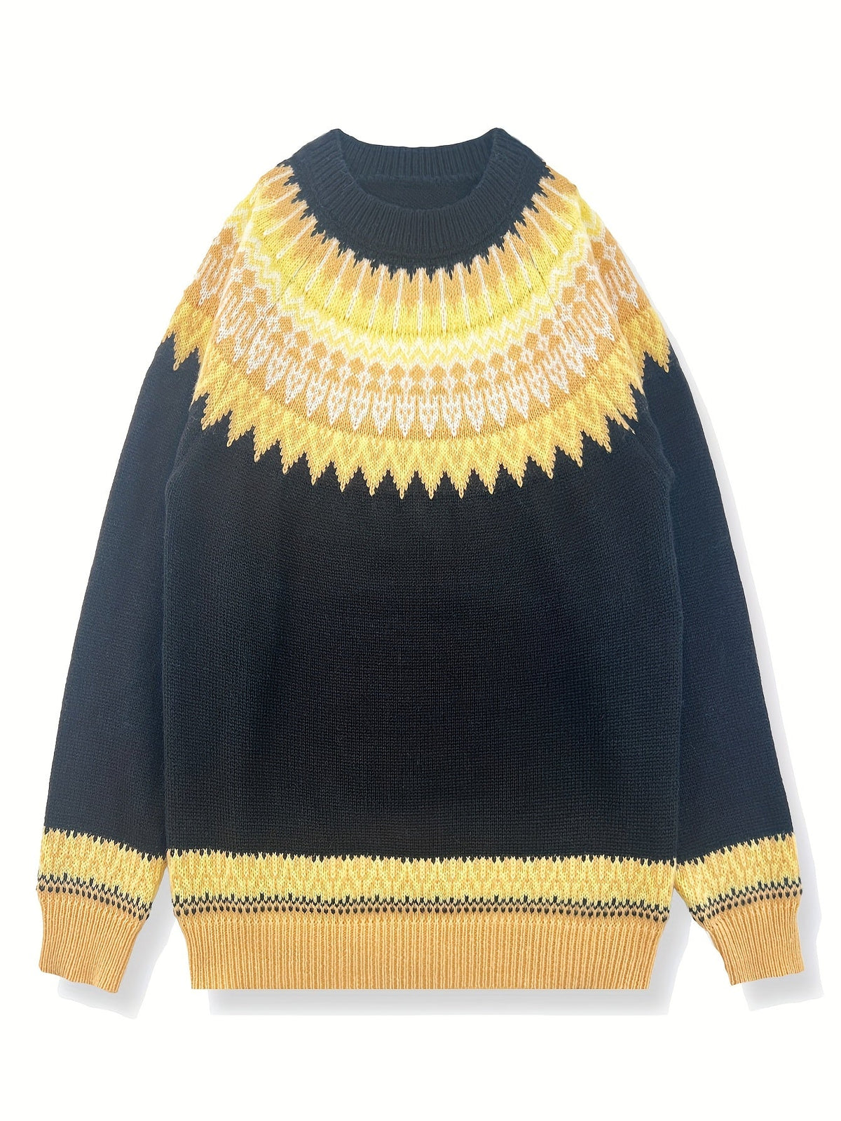 Chunky Jacquard Knit Sweater with Round Neck and Relaxed Fit