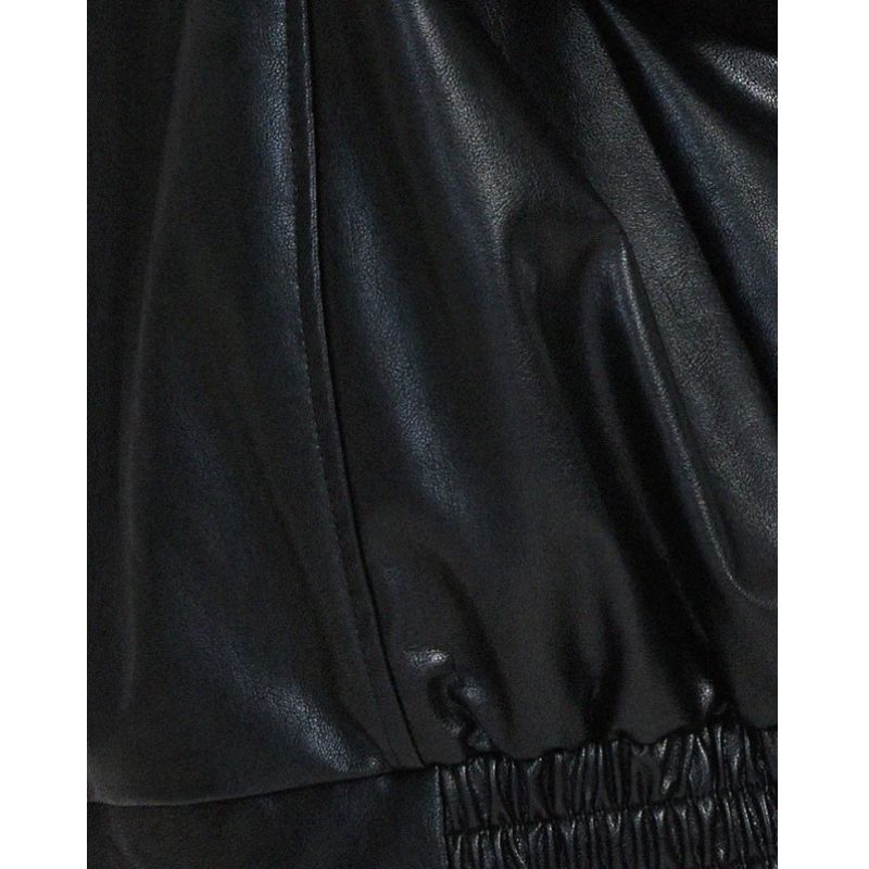 Oversized Leather Bomber Jacket with Boxy Dropped Shoulders and Elastic Hem for Women