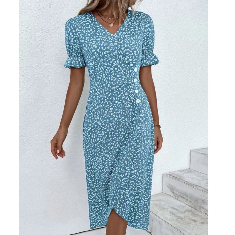 Womens V-Neck Dress with Waist Definition and Breathable Fabric, Mid-Length
