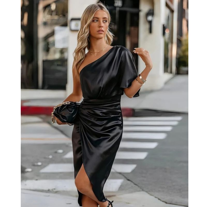 One Shoulder Midi Dress with Ruched Detailing and Side Zipper, Stretch Knit