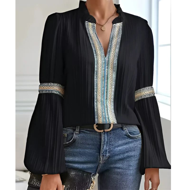 Womens Cotton Blend V-Neck Blouse with Pleated Shoulders and Relaxed Fit