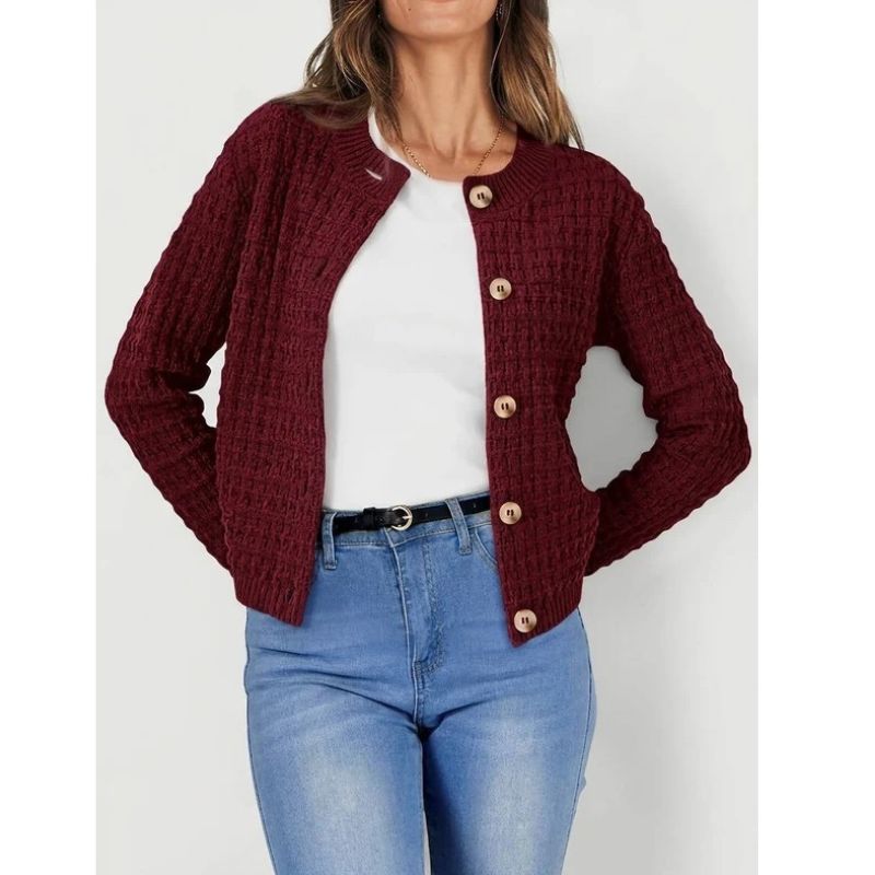 Womens Button Front Cardigan with Long Sleeves and Crewneck, Knit Cotton