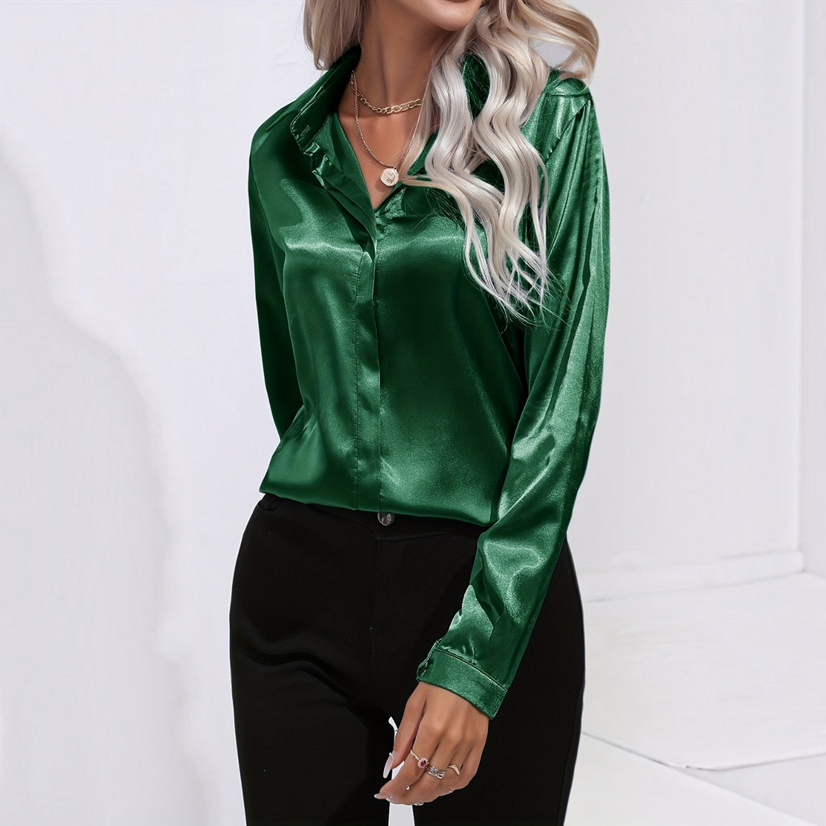 Satin Blouse for Women with Button Down Front and Long Sleeves, Tailored Relaxed Fit