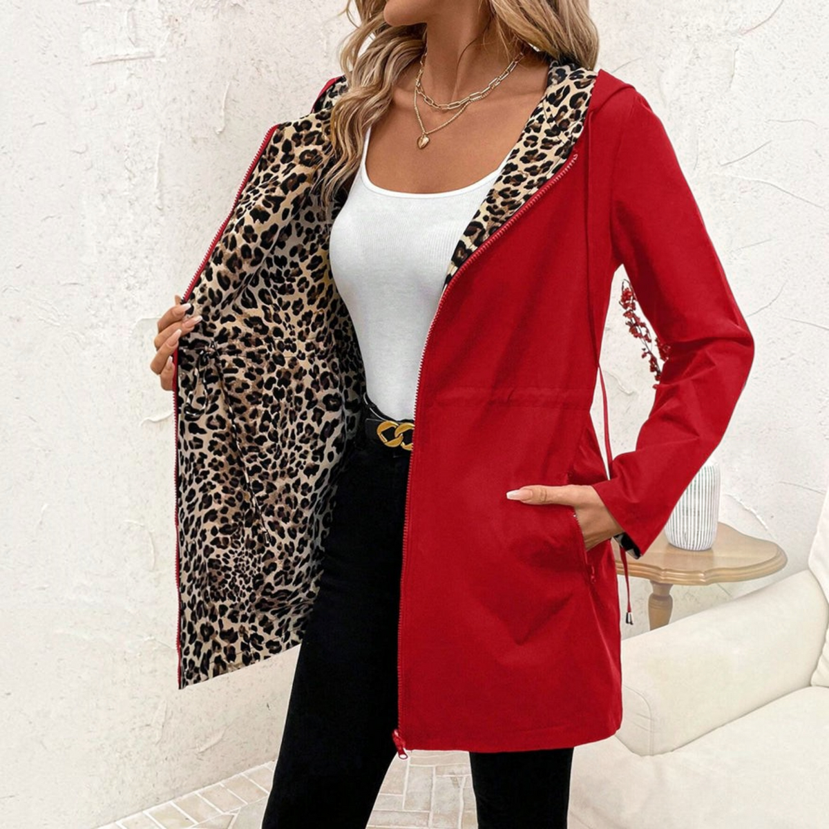 Reversible Coat with Leopard Print and Neutral Side, Relaxed Draping Silhouette