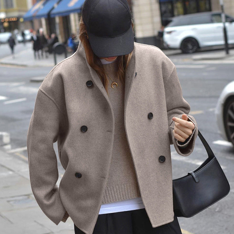 Womens Double-Breasted Coat with Tailored Fit and Soft Woven Fabric, Mid-Thigh Length
