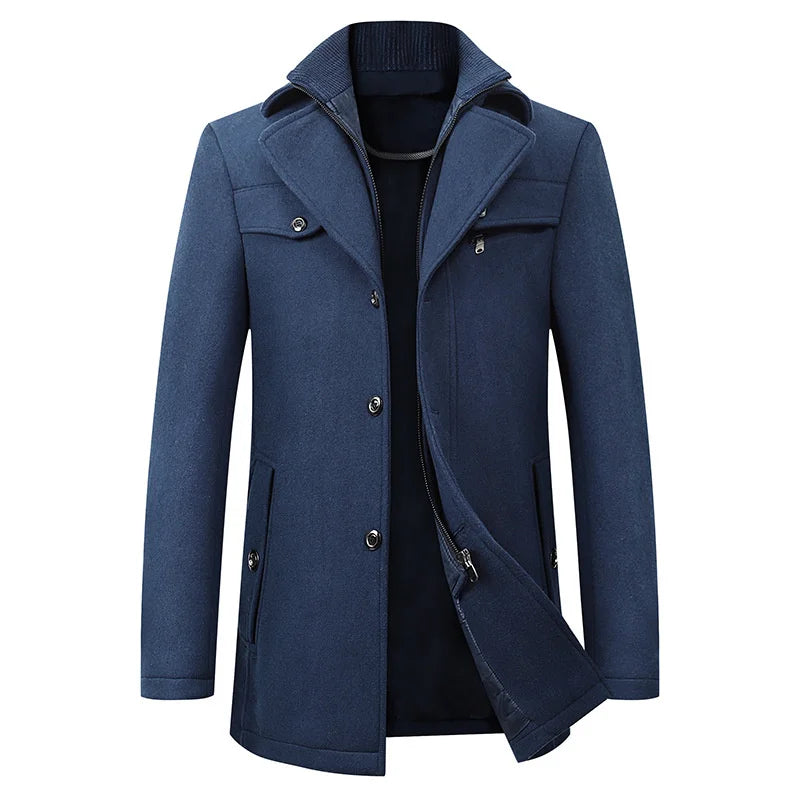 Mens Longline Overcoat with Wool Blend Fabric and Tailored Button Front, Knee-Length
