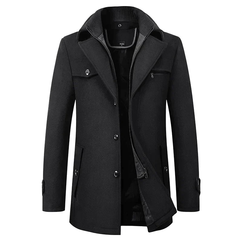 Mens Longline Overcoat with Wool Blend Fabric and Tailored Button Front, Knee-Length