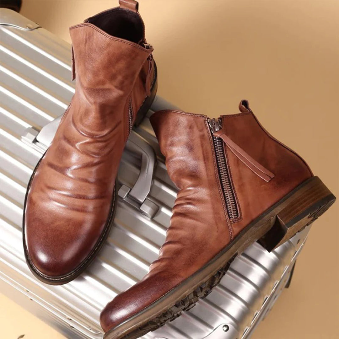 Mens Leather Ankle Boots with Side Zipper and Cushioned Footbed