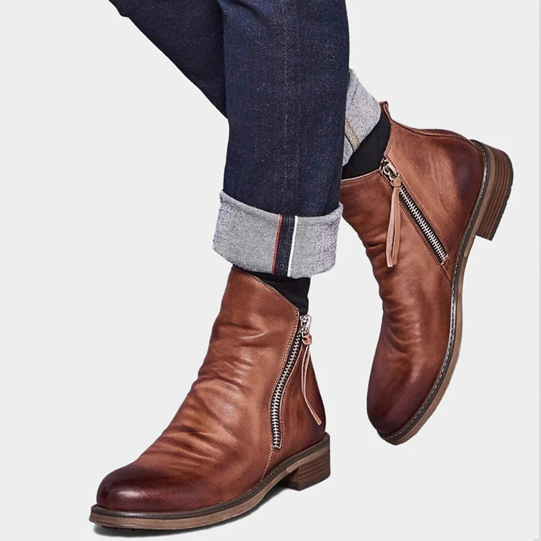 Mens Leather Ankle Boots with Side Zipper and Cushioned Footbed