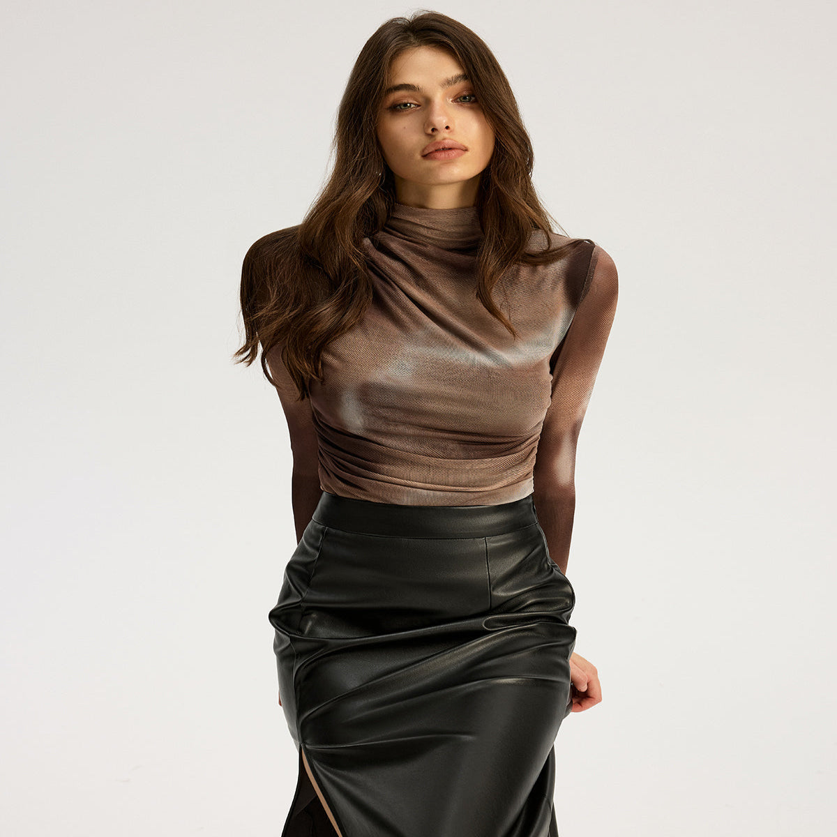 Semi Sheer Mesh Top with Mock Neck and Long Sleeves - Medium Stretch