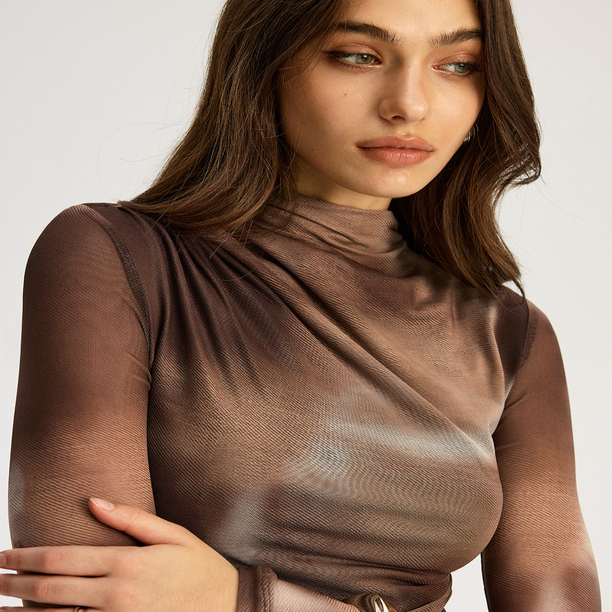 Semi Sheer Mesh Top with Mock Neck and Long Sleeves - Medium Stretch