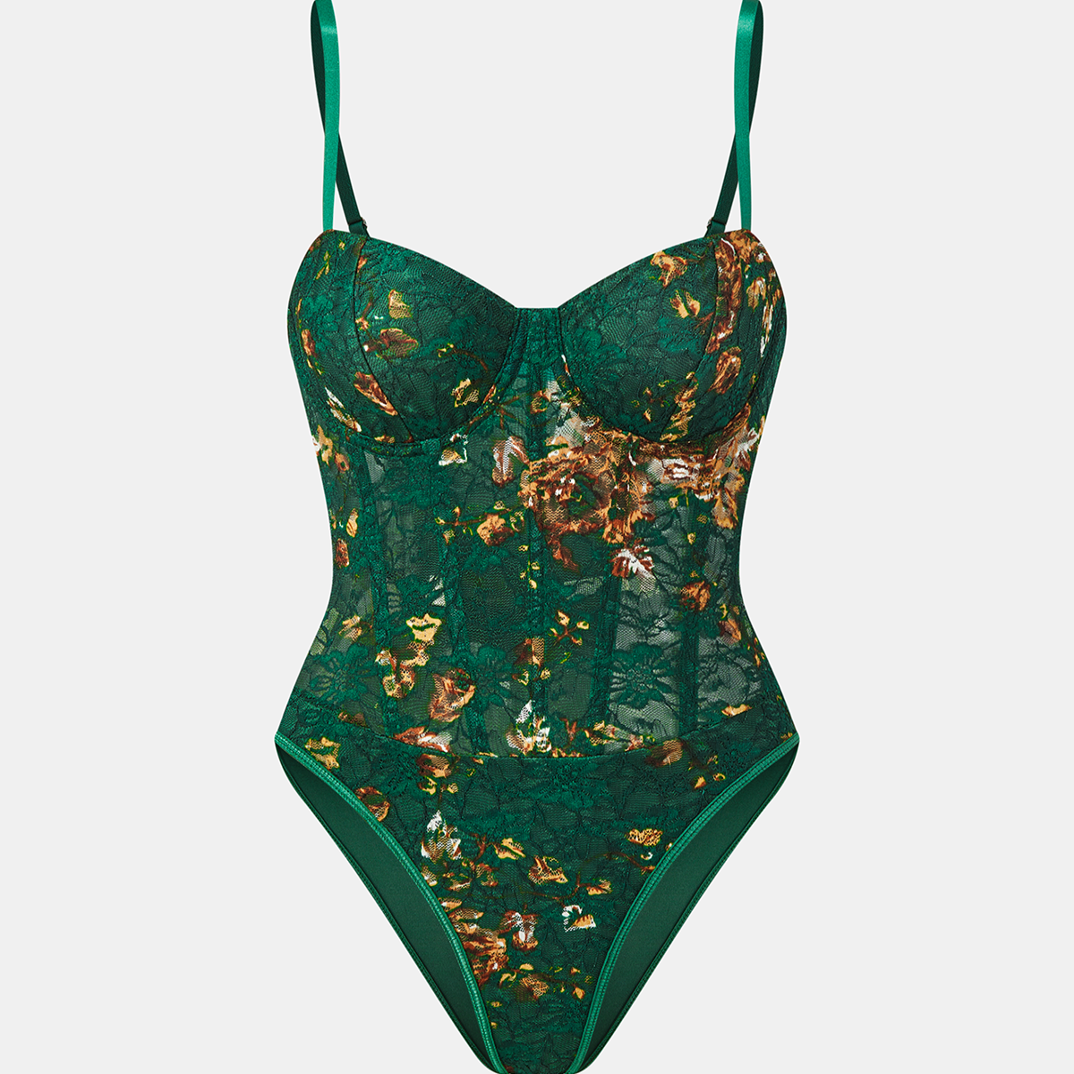 Women Floral Lace Bodysuit with Spaghetti Straps and Fitted Design