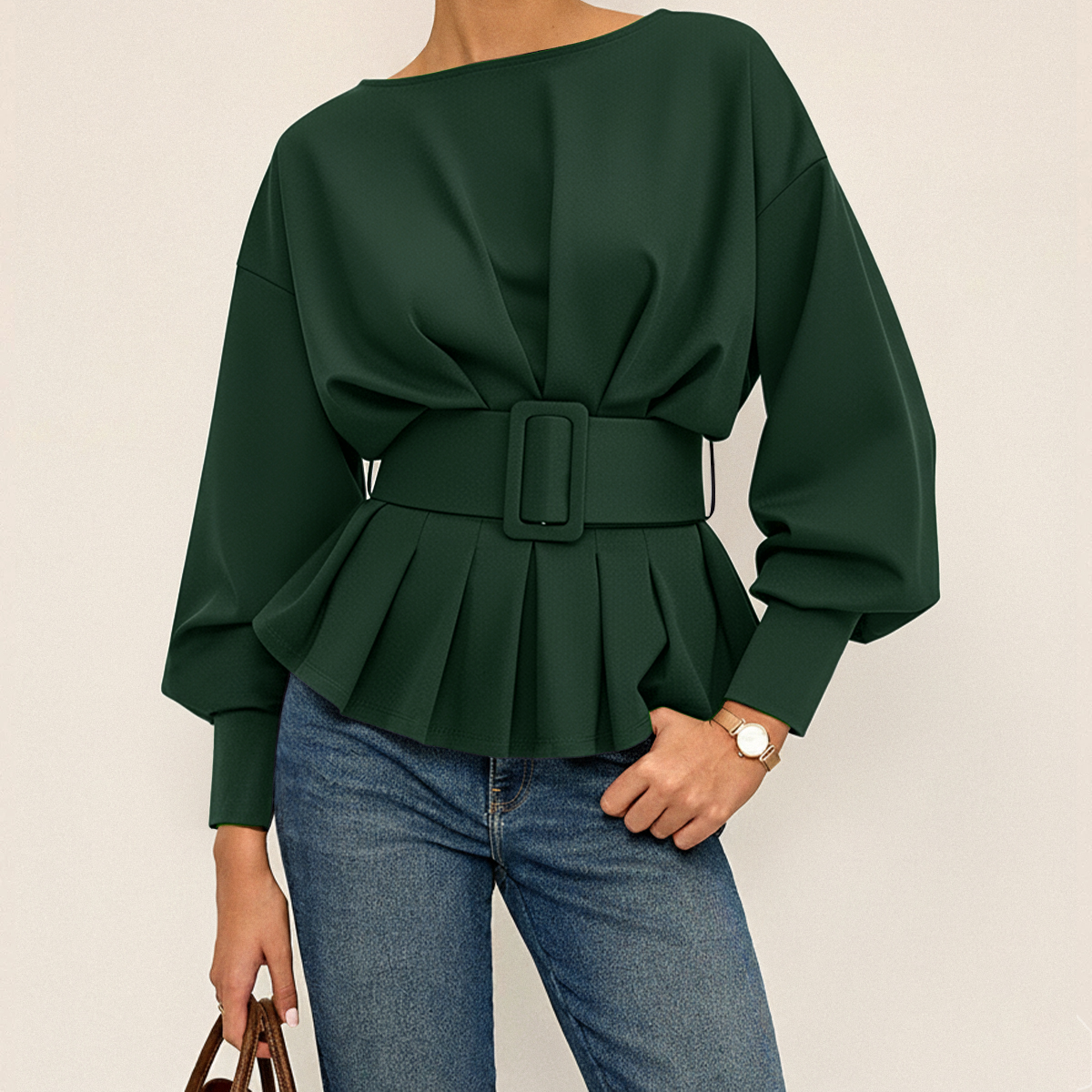 Crew Neck Sweatshirt with Adjustable Waist Belt and Long Sleeves