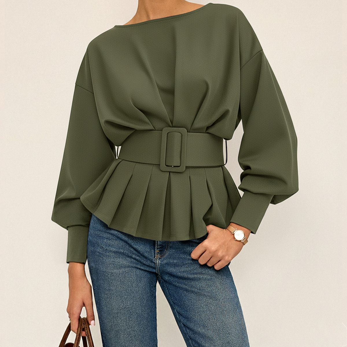 Crew Neck Sweatshirt with Adjustable Waist Belt and Long Sleeves