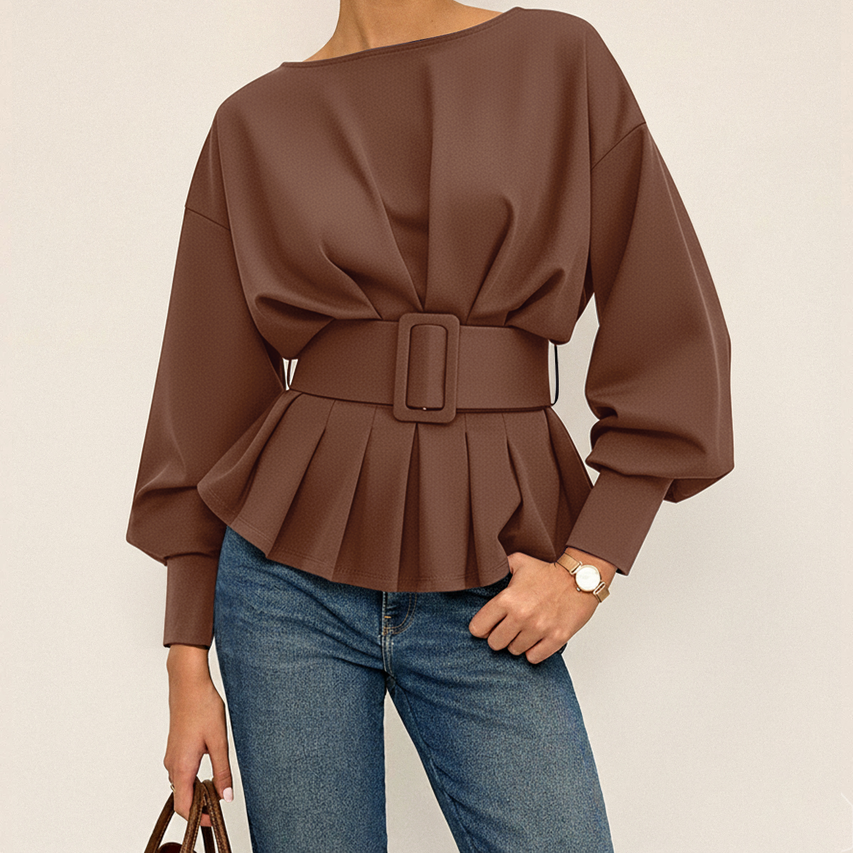 Crew Neck Sweatshirt with Adjustable Waist Belt and Long Sleeves