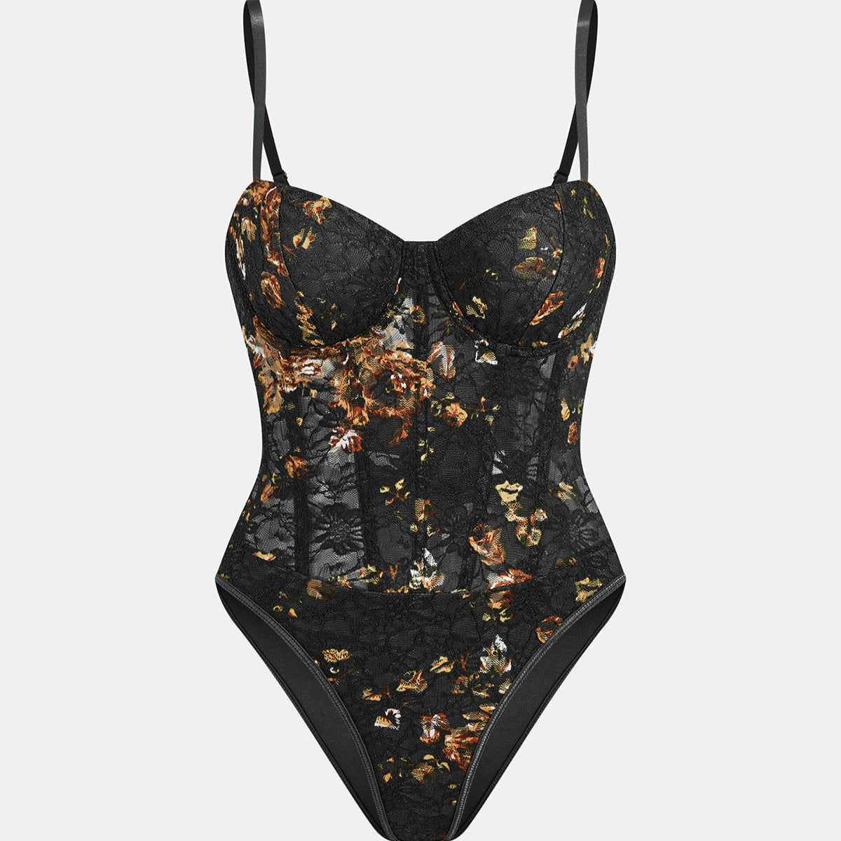Women Floral Lace Bodysuit with Spaghetti Straps and Fitted Design