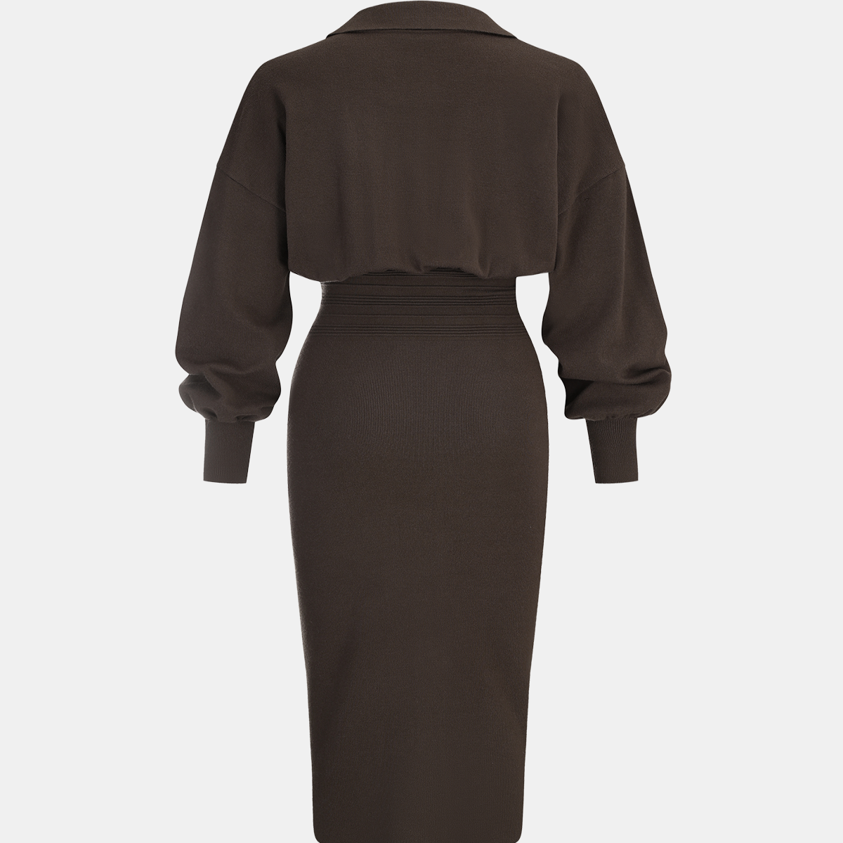 Knit Midi Dress with Collar Neckline and Long Sleeves, High Stretch Fabric