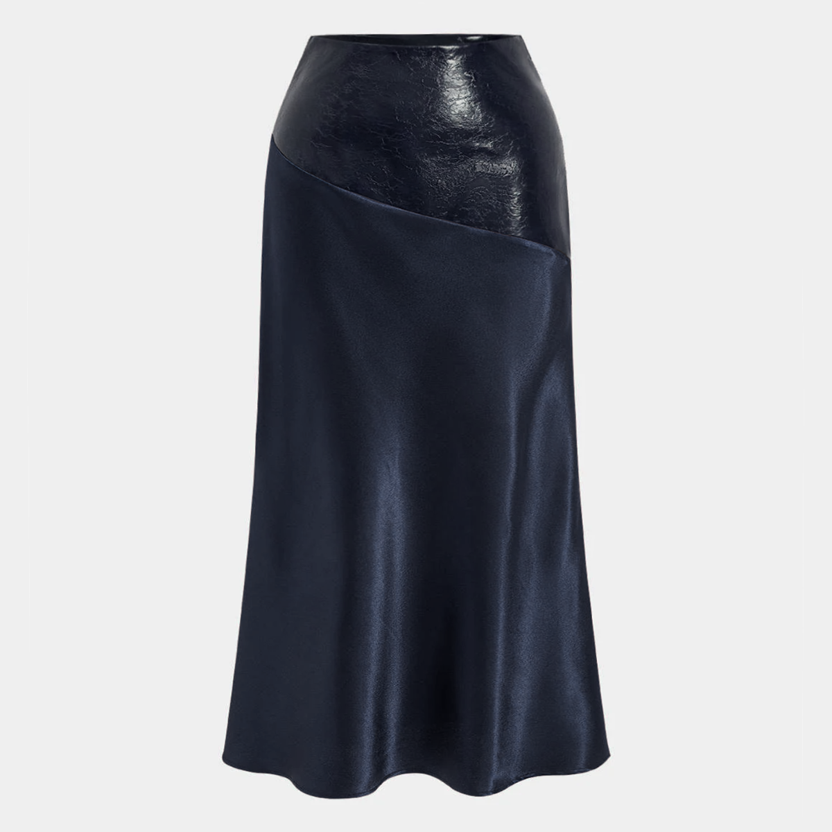 Satin Faux Leather Maxi Skirt with Invisible Side Zipper and Mid Waist Design