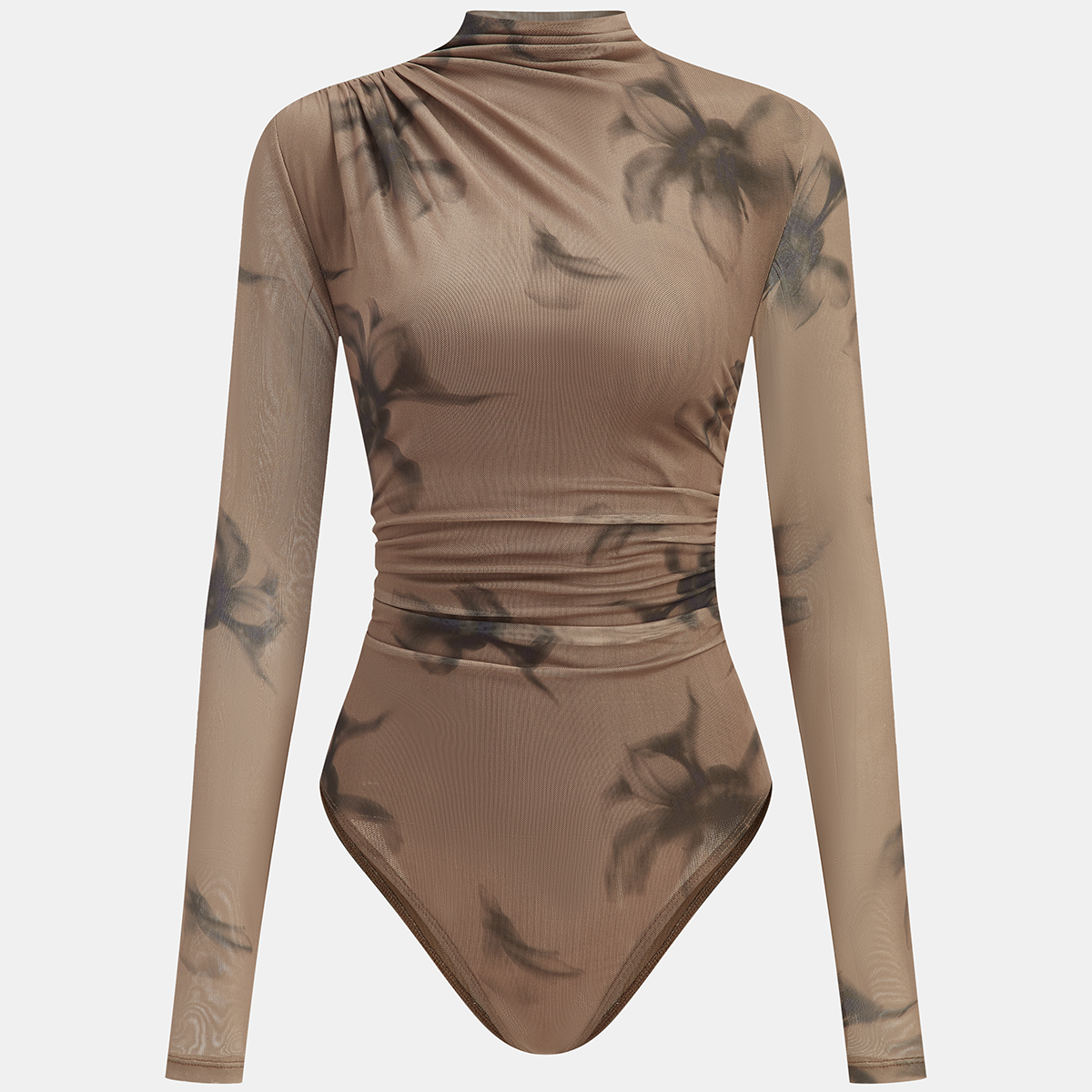Semi Sheer Mesh Top with Mock Neck and Long Sleeves - Medium Stretch