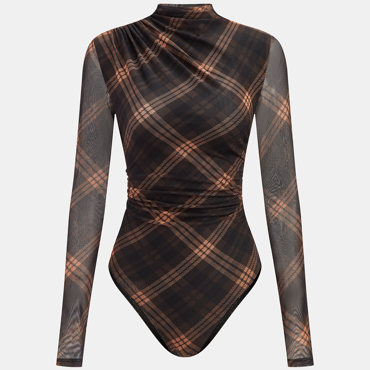 Semi Sheer Mesh Top with Mock Neck and Long Sleeves - Medium Stretch