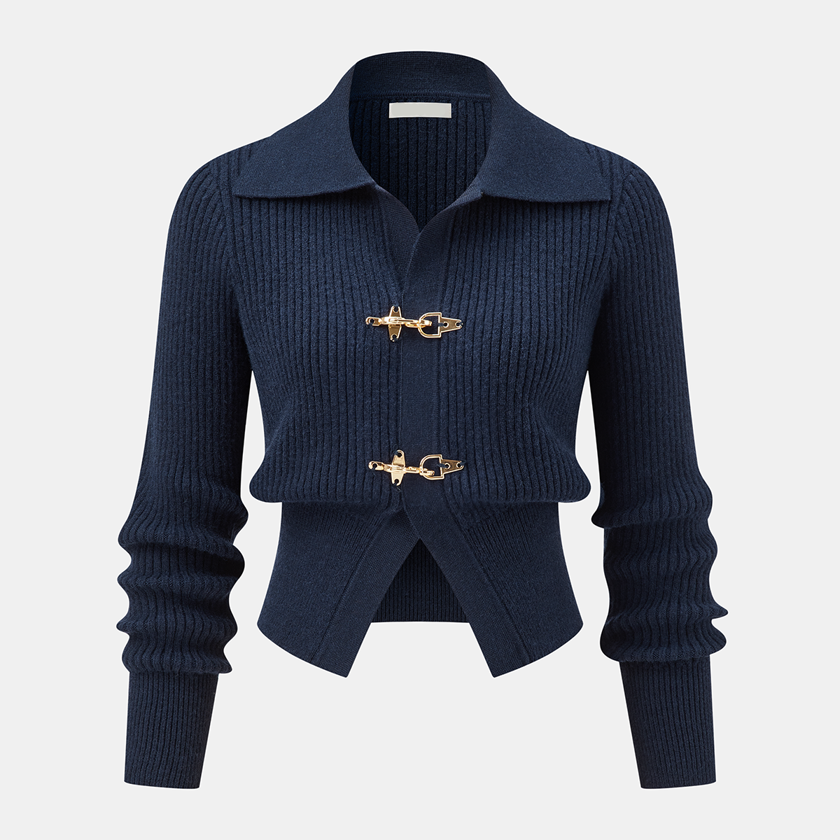 Long Sleeve Knit Crop Top with High Stretch Fabric and Metal Buckle Collar