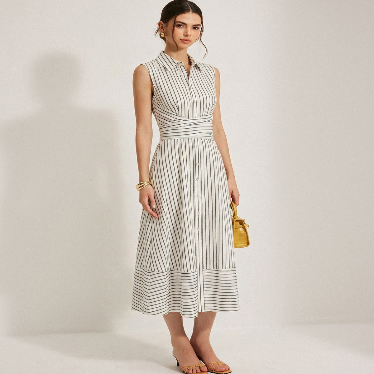 Sleeveless Midi Shirt Dress with Collar Neckline and Button Front, Slim Fit Woven