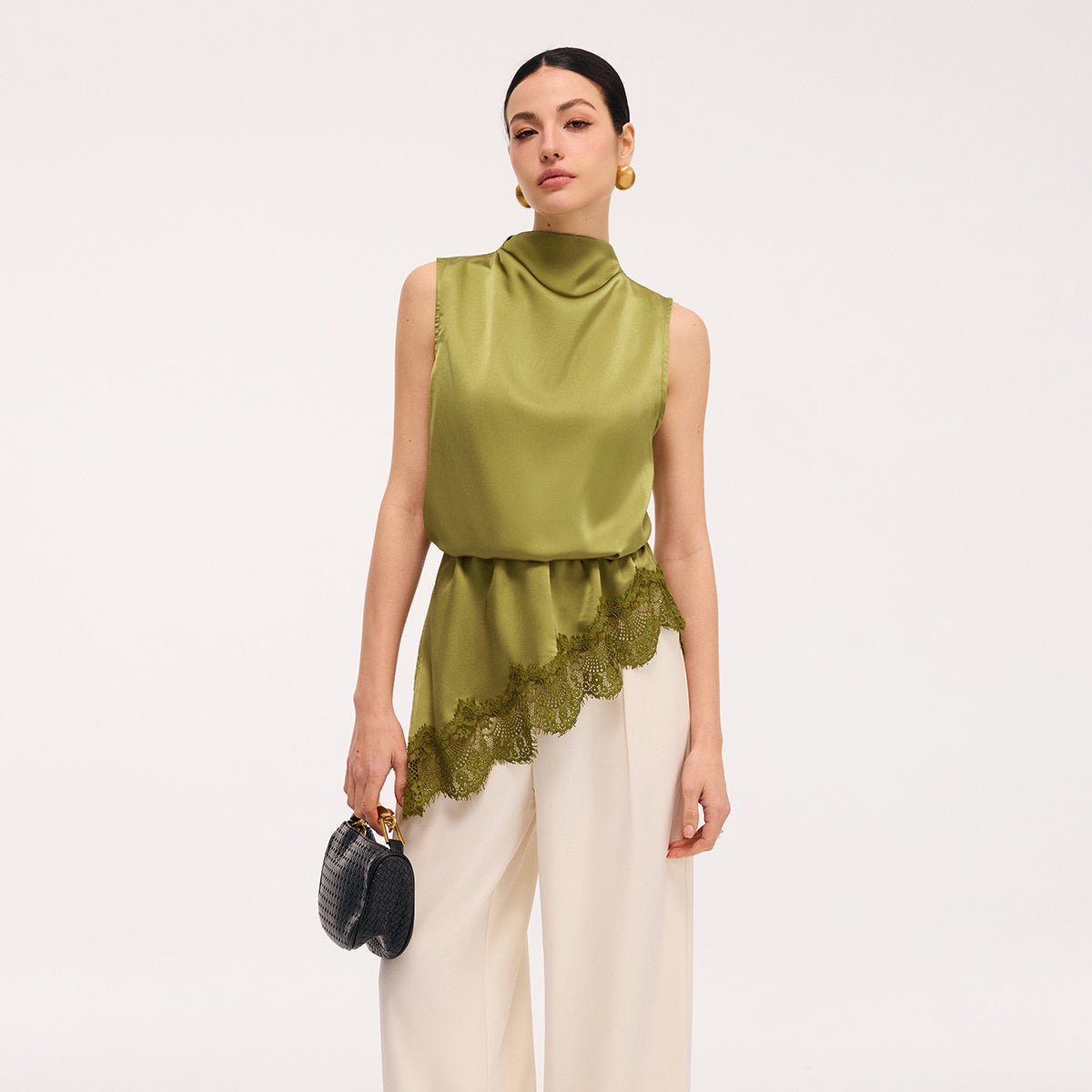 Cowl Neck Satin Top with Sleeveless Cut and Draping Neckline